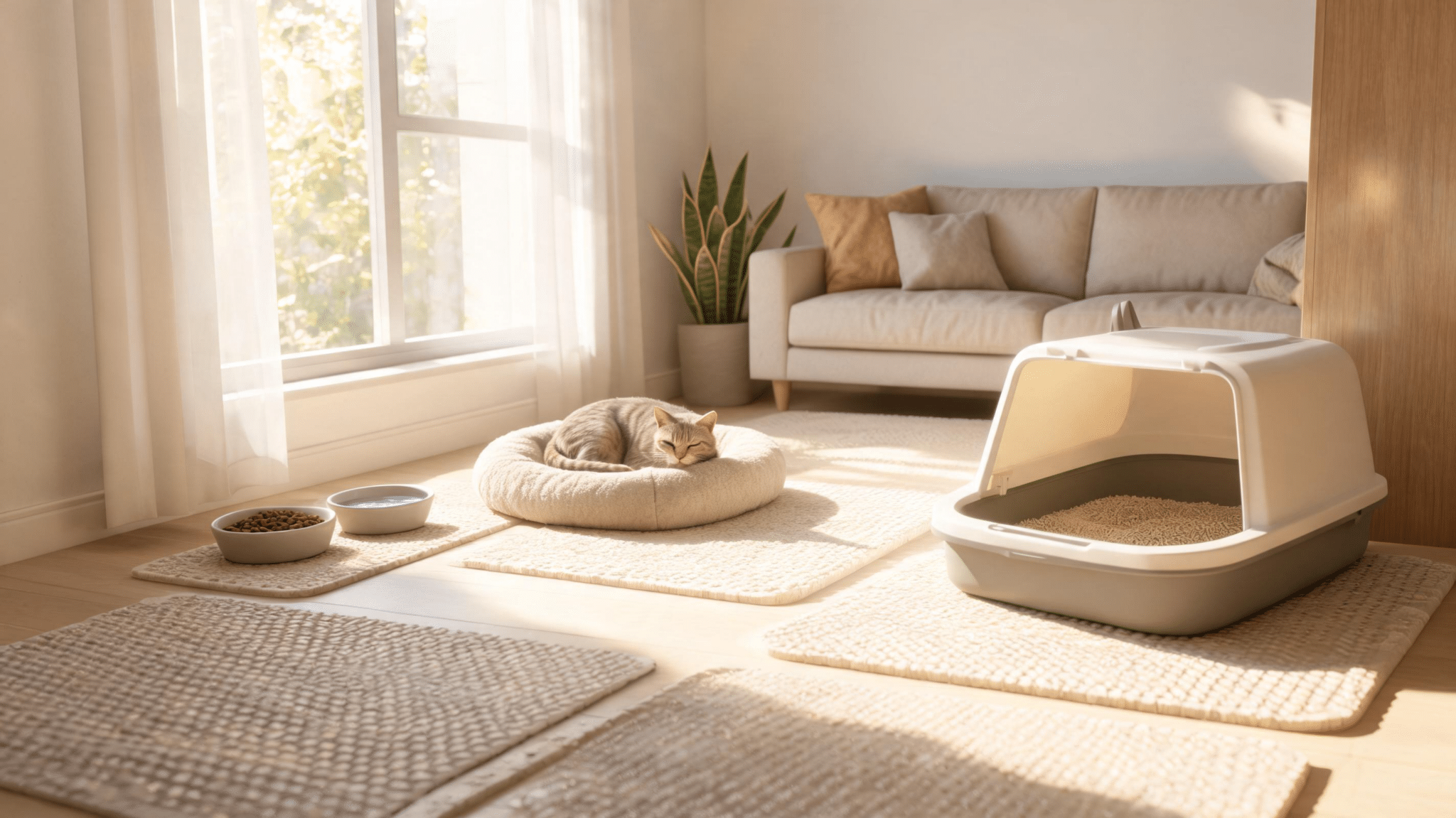 cat resting in a safe home setup with accessible food bowls and litter box