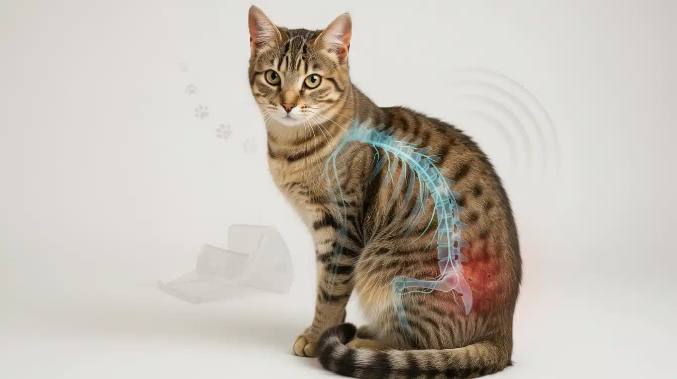 cat showing lower back nerve sensitivity area linked to feline hyperesthesia syndrome with medical visualization overlay