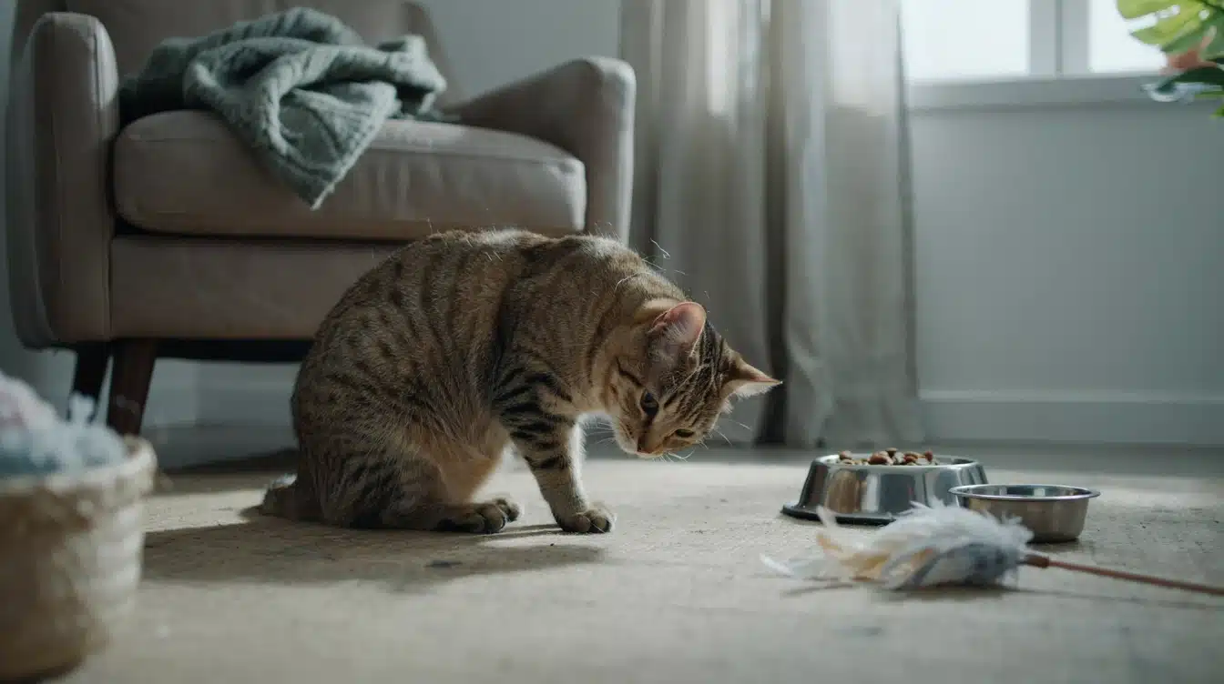 cat showing subtle signs of pain with crouched posture poor grooming and reduced interest in food