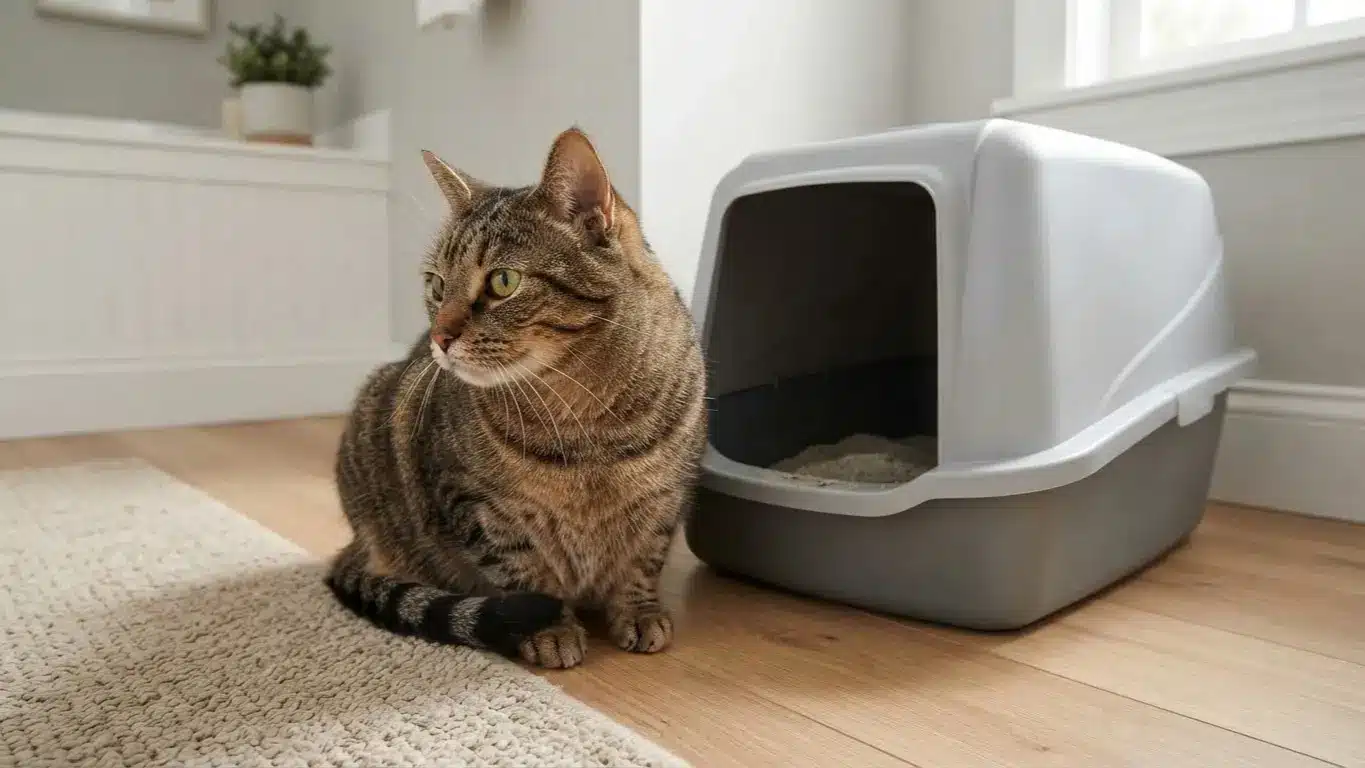cat showing subtle urinary discomfort signs near litter box