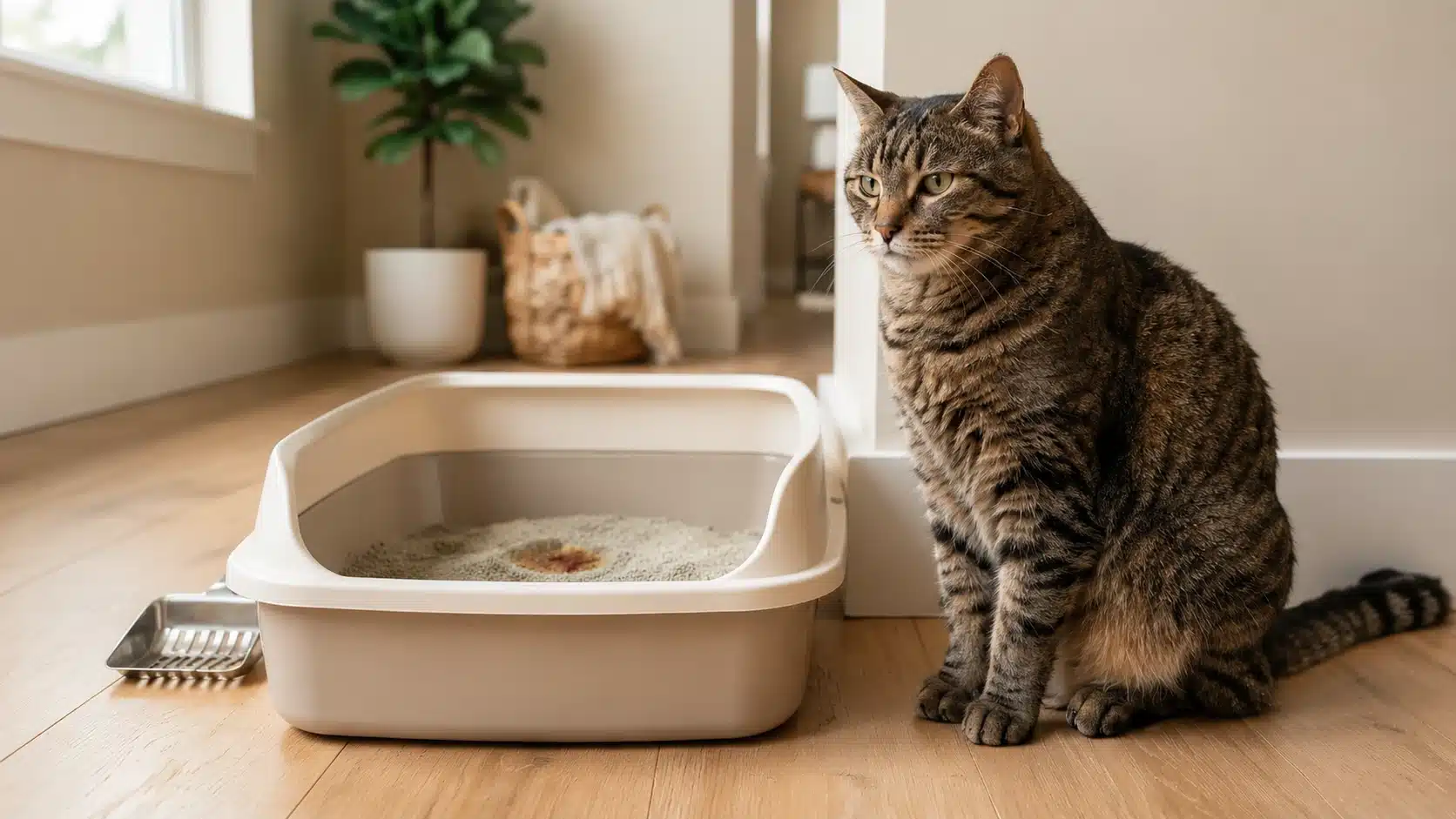 cat sitting beside litter box showing urinary health monitoring and blood in urine awareness