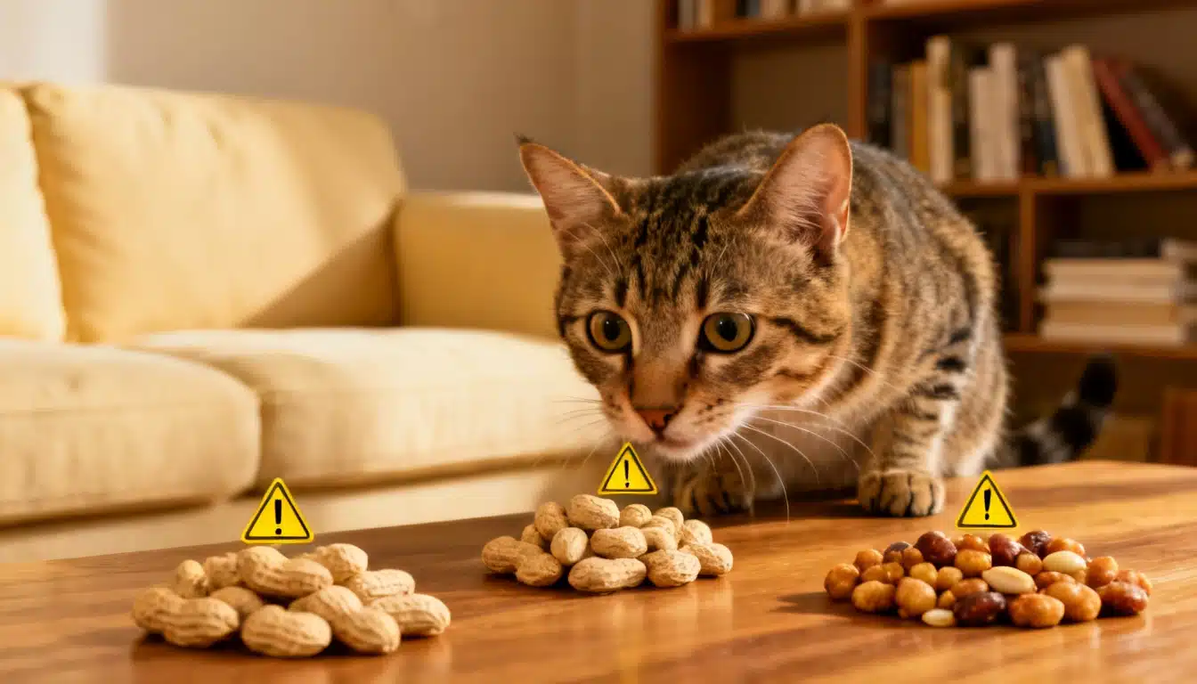 cat sitting near plain and flavored peanuts showing safe and unsafe treat choices for pet owners
