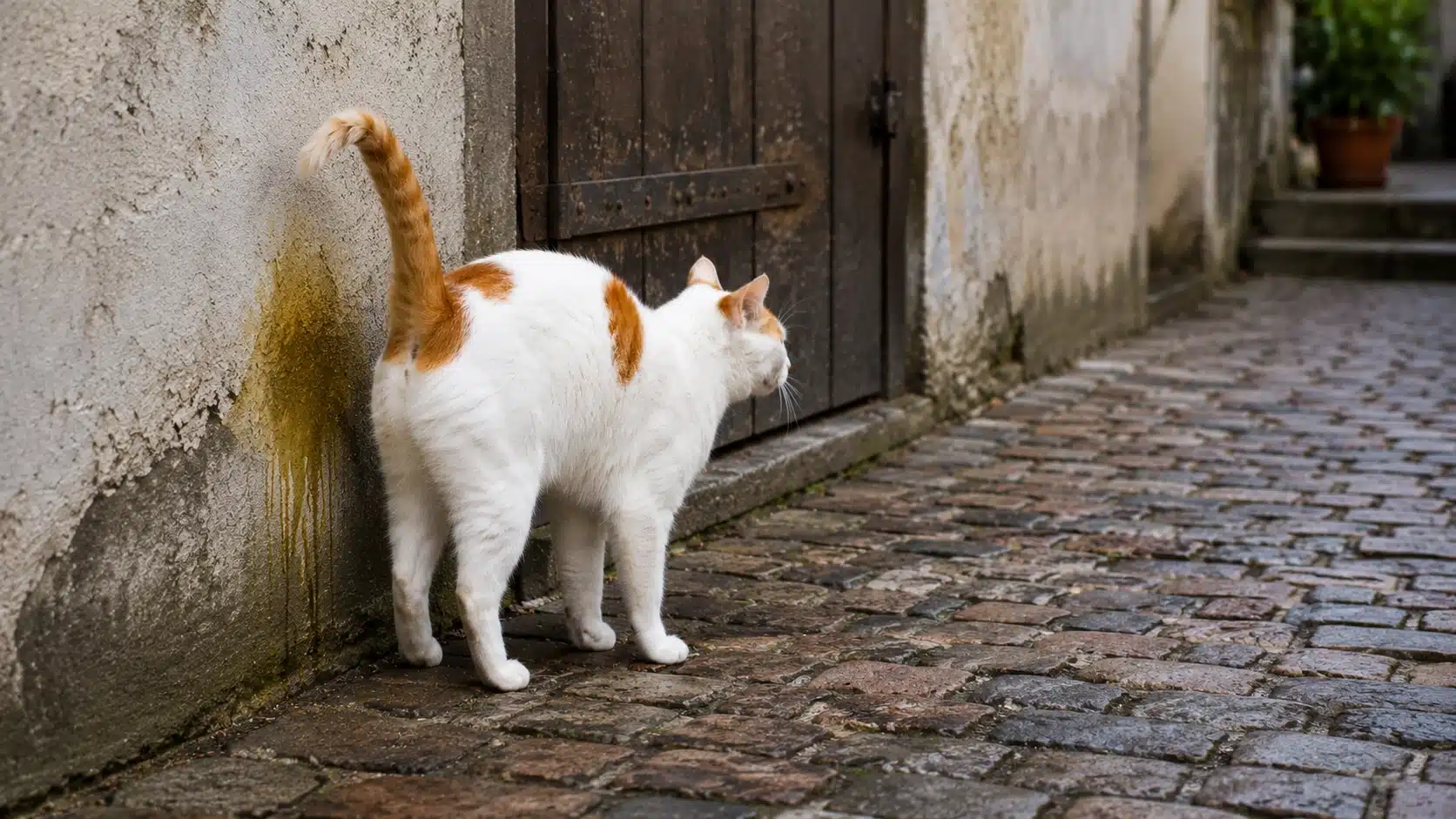 cat spraying urine on wall while marking territory outdoors