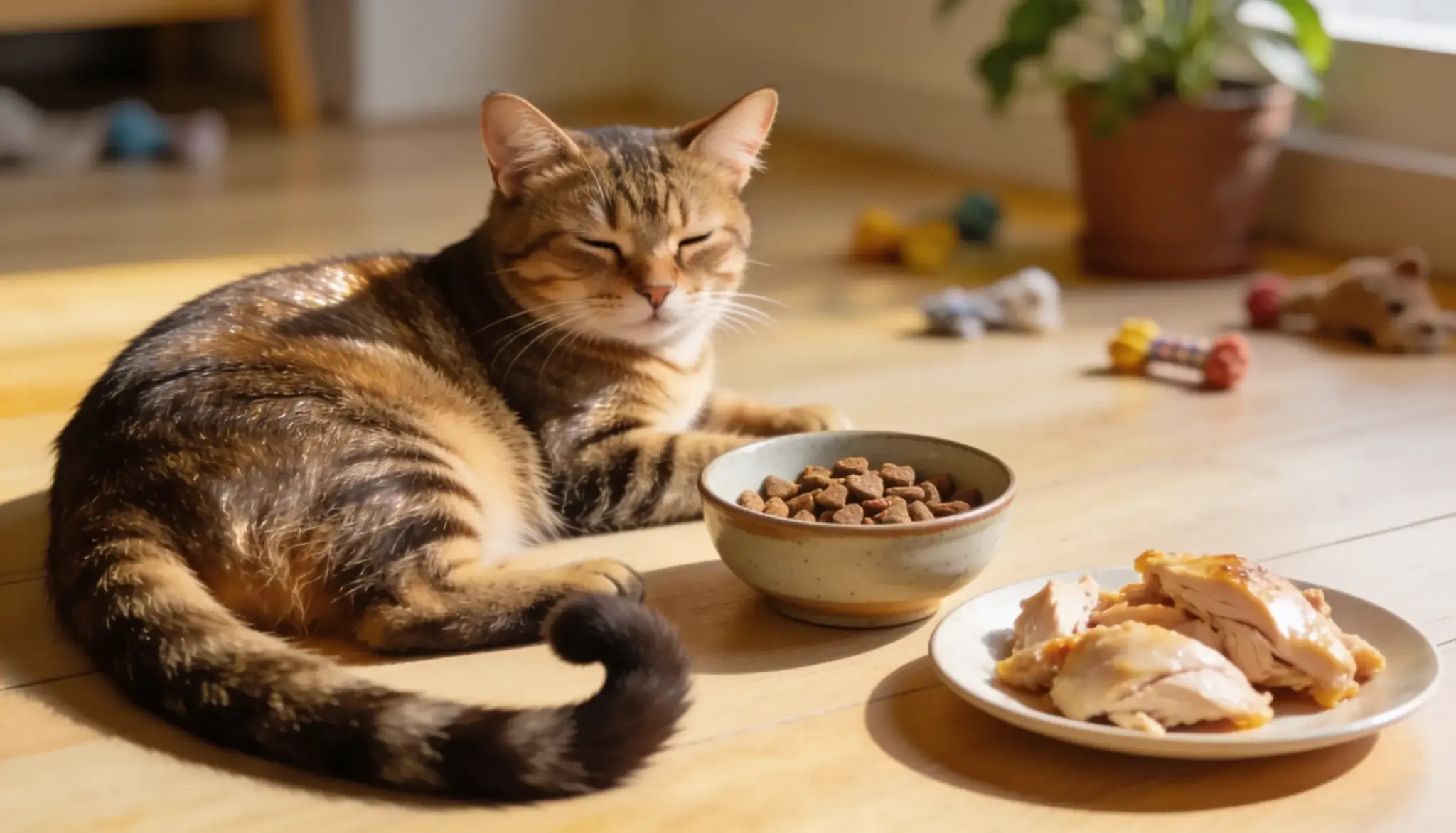 cat with healthy treat options including cat food and cooked chicken