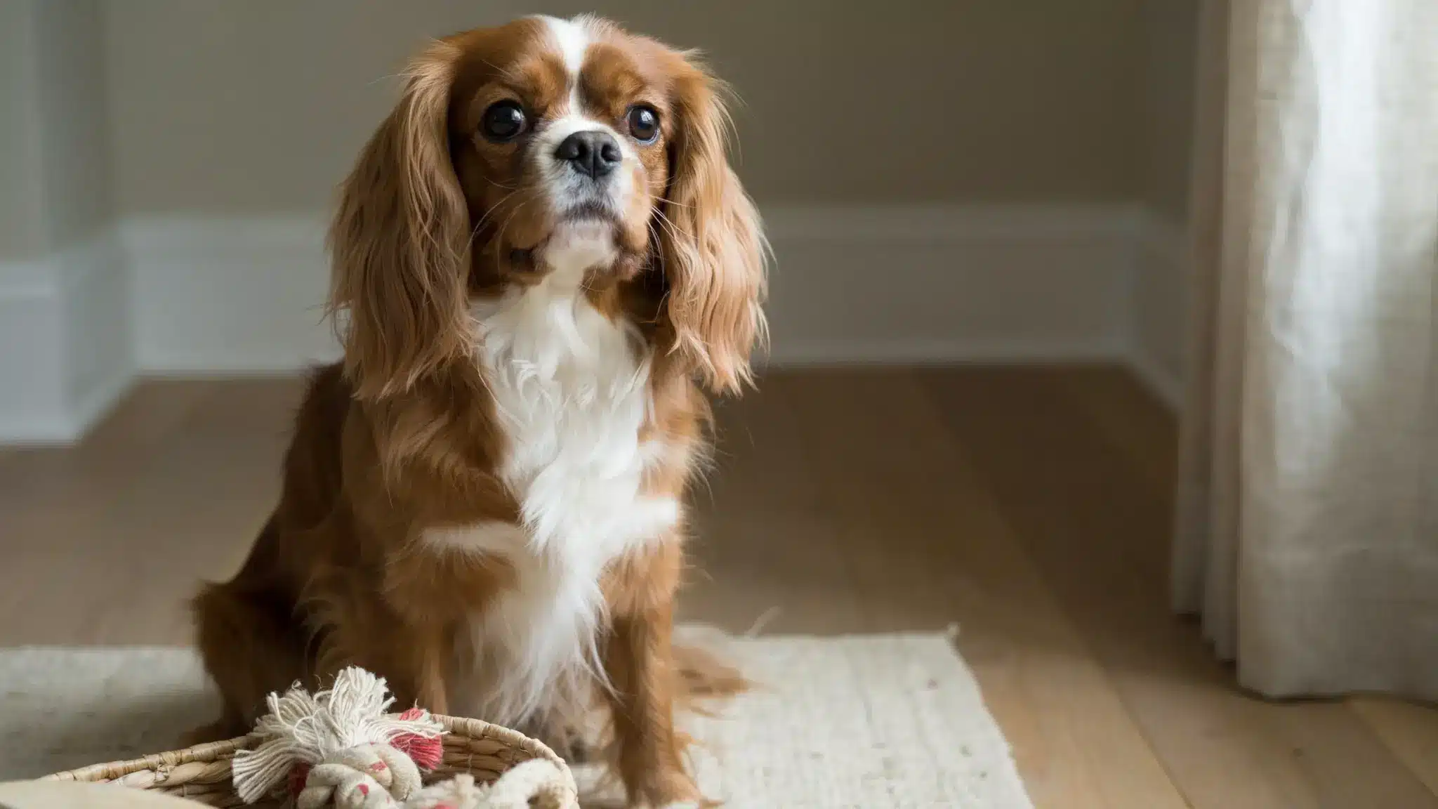 cavalier king charles spaniel dog with long silky ears and gentle expression sitting indoors