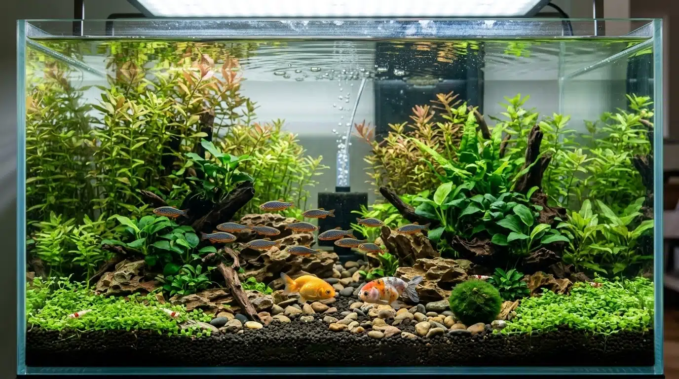 celestial pearl danios swimming among plants with small goldfish in aquarium