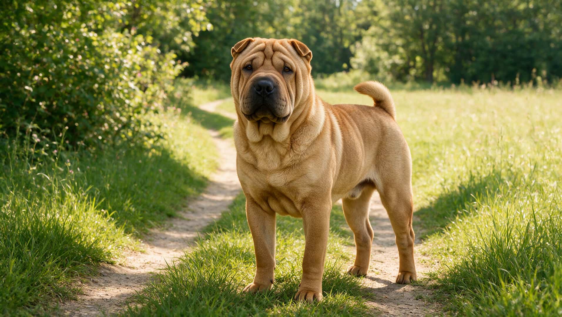 Chinese Shar Pei dog with wrinkled face outdoors