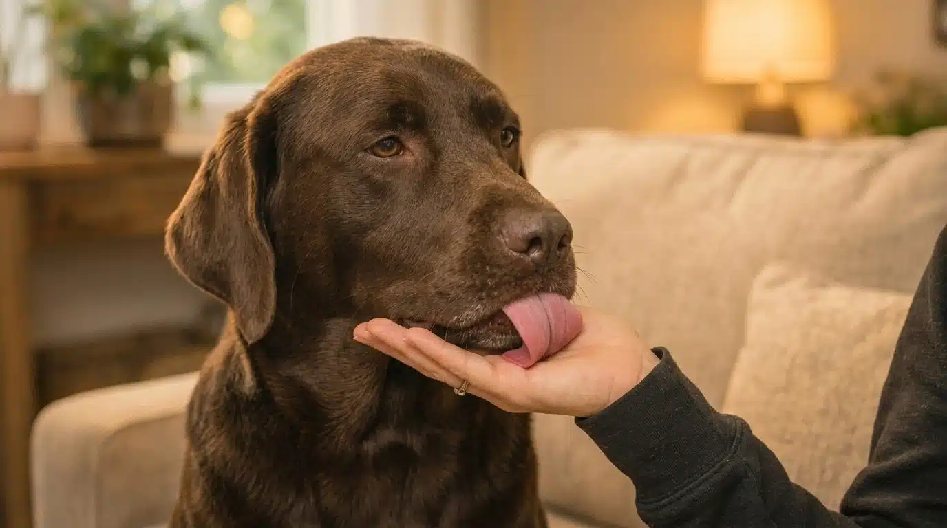 chocolate Labrador gently licking its owner&rsquo;s open palm during a calm affectionate moment at home.