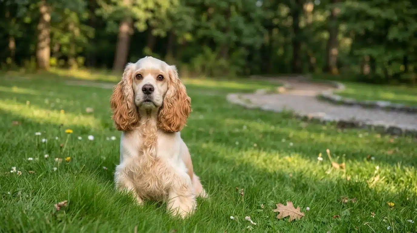 cocker spaniel dog with long ears and silky coat sitting outdoors in a green park setting