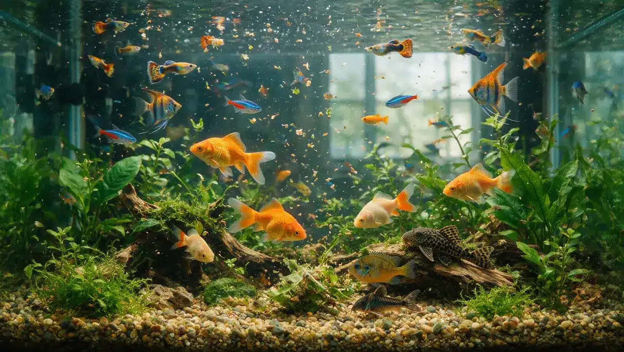 colorful aquarium fish eating different foods including pellets plants and aquatic organisms