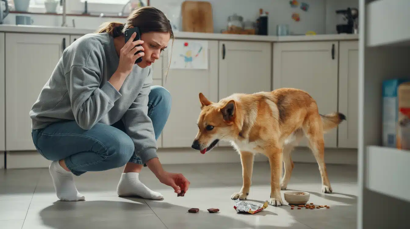 concerned dog owner calling a veterinarian after finding chocolate pieces and a wrapper near her dog