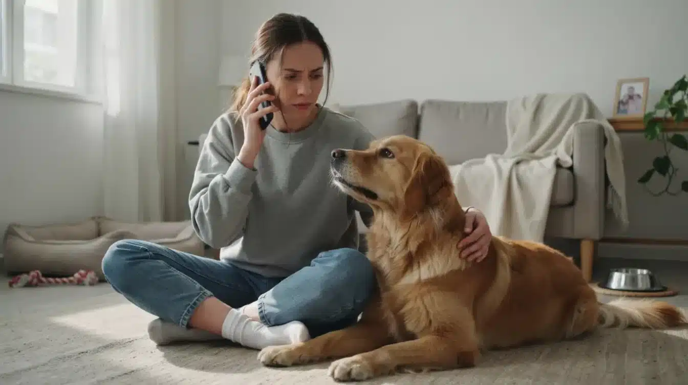 concerned dog owner comforting a dog at home while calling for veterinary advice