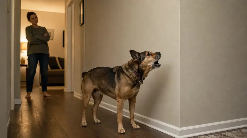 concerned owner watching a dog bark at an empty hallway, why is my dog barking at nothing