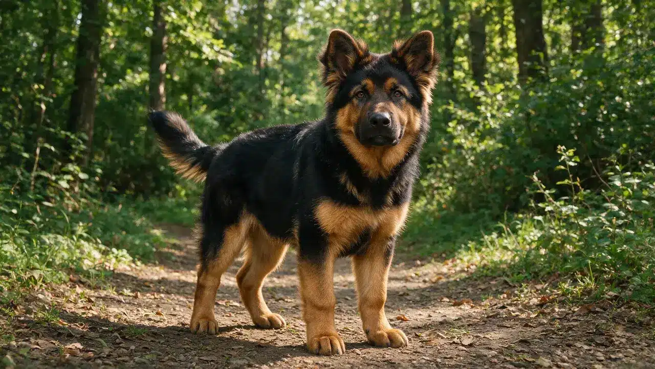 confident male puppy standing outdoors showing a strong personality