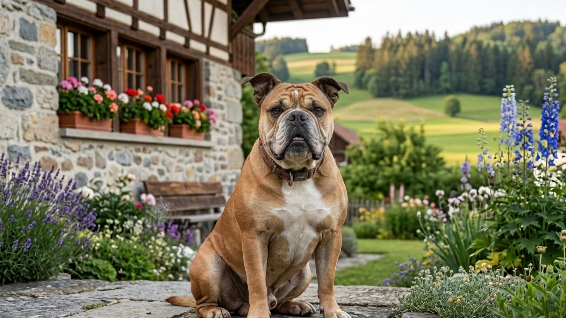 continental bulldog sitting near countryside house with flowers and green hills in background