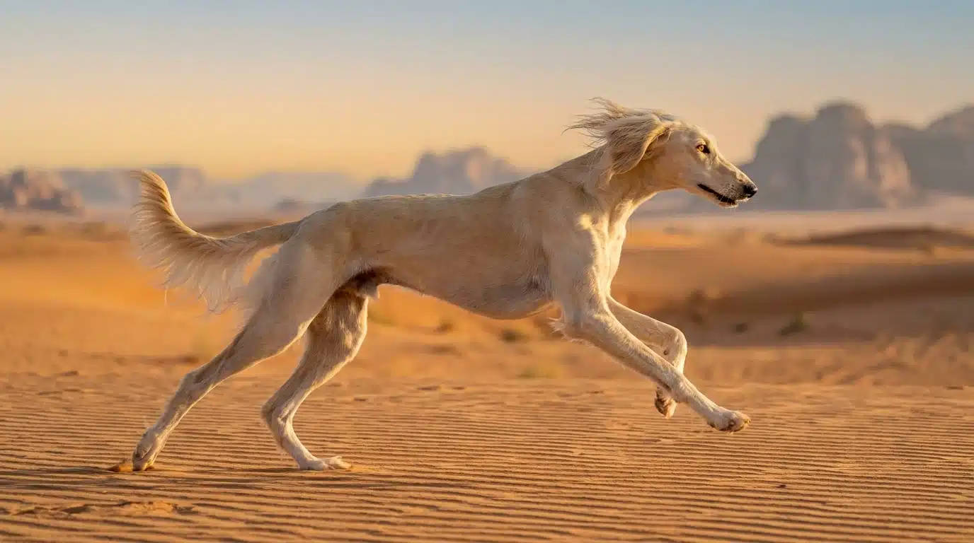 cream feathered saluki running across firm sandy desert terrain in warm early morning sunlight
