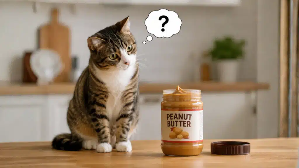 curious cat sitting near peanut butter jar with question mark showing food safety concern