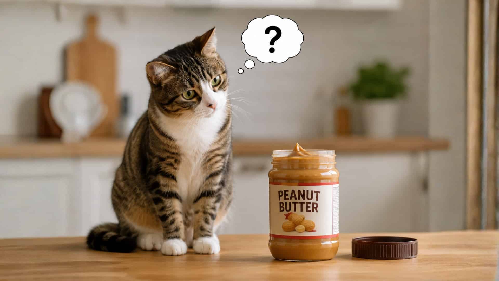 curious cat sitting near peanut butter jar with question mark showing food safety concern