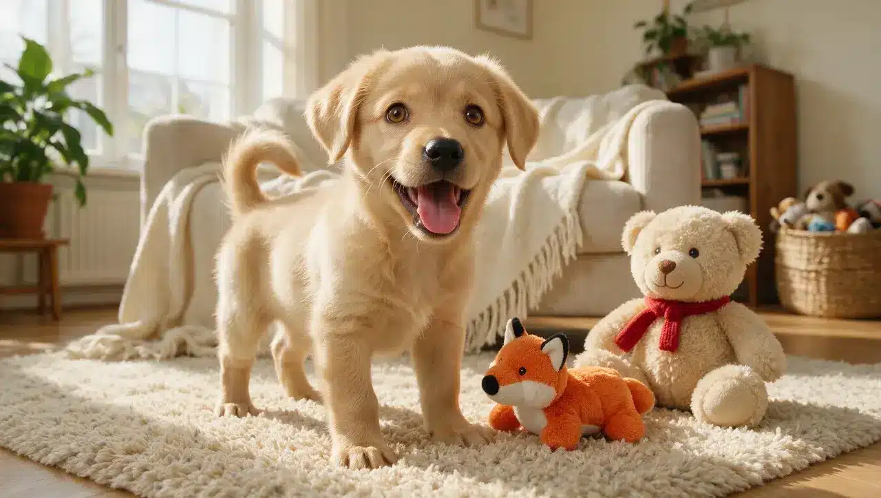 cute fluffy male puppy playing with a toy showing a sweet personality