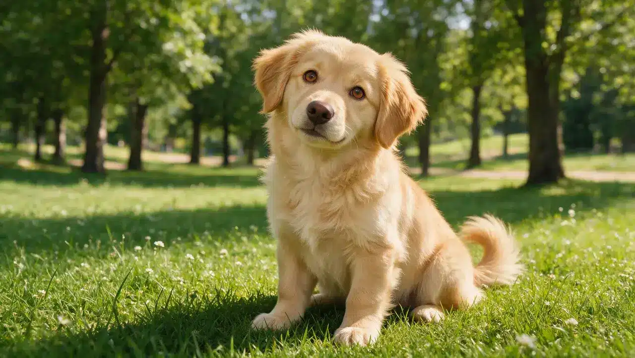 cute male puppy sitting outdoors with a curious expression for unique name ideas