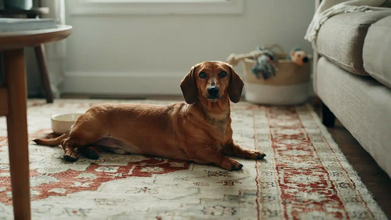 dachshund lying on a rug in a cozy living room with a calm expression and relaxed indoor setting