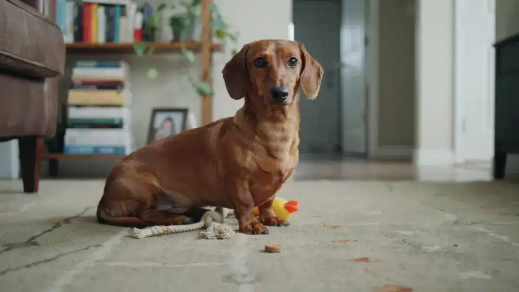 dachshund sitting on a living room floor with toys nearby and a confident expression in a cozy home setting