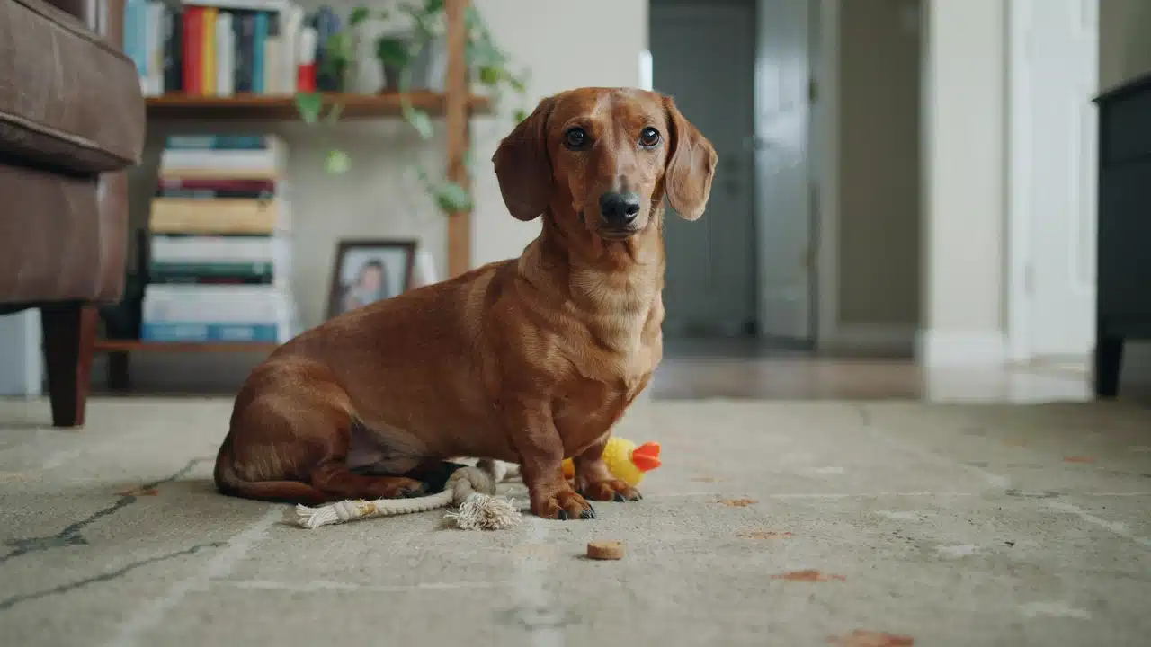 dachshund sitting on a living room floor with toys nearby and a confident expression in a cozy home setting