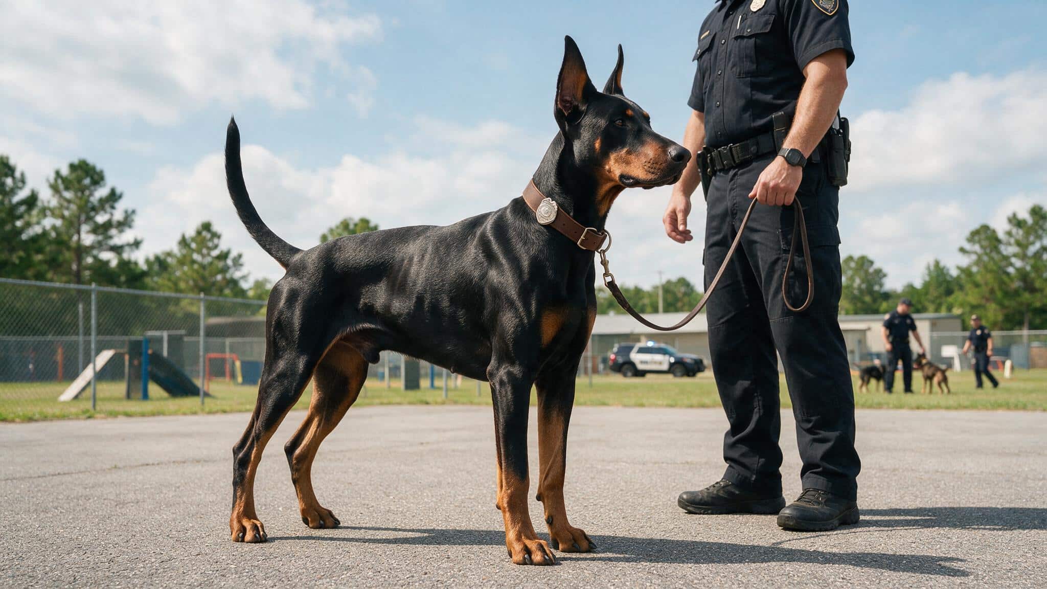 doberman pinscher police k9 standing with handler during controlled training session outdoors