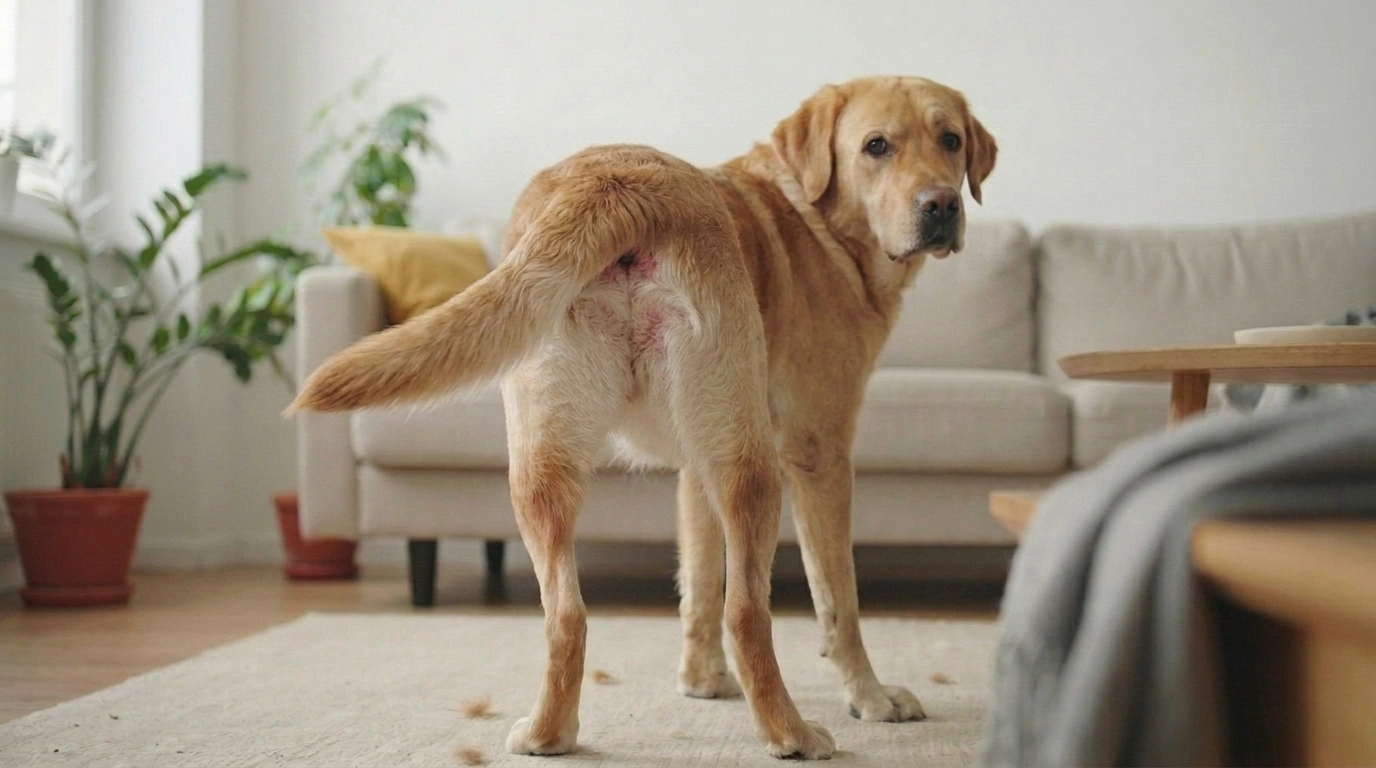 dog licking irritated red skin around the base of its tail due to allergies