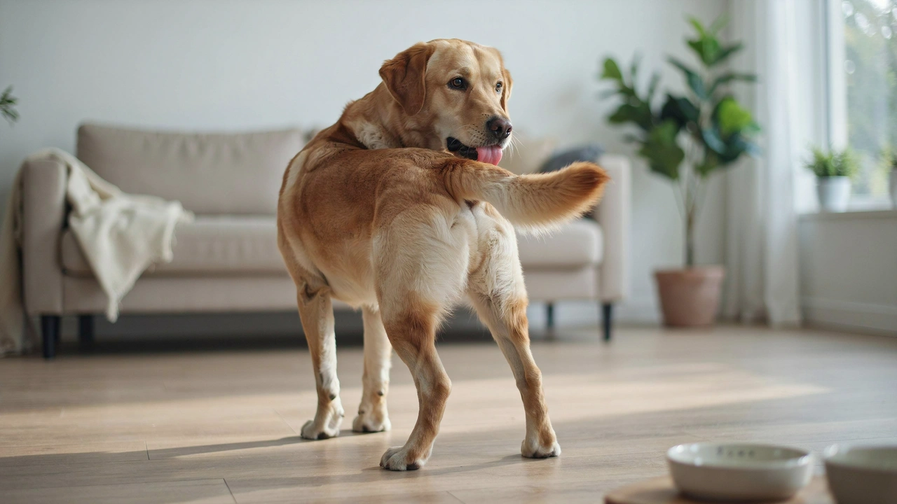 dog licking near the base of its tail showing anal gland discomfort