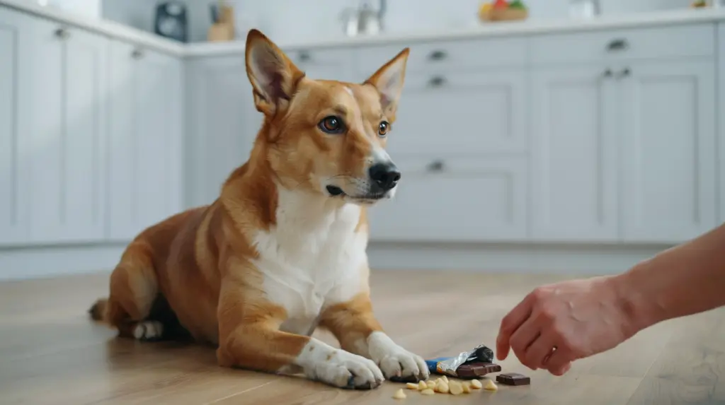 dog lying on kitchen floor near pieces of chocolate as a person reaches to remove them