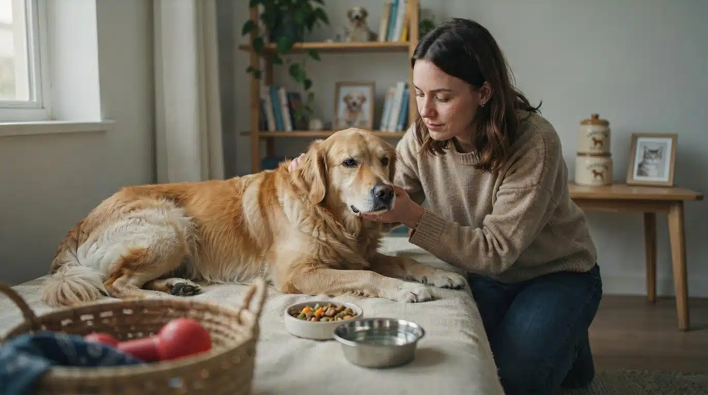 dog owner caring for early pregnant dog with vet check and pregnancy timeline guide