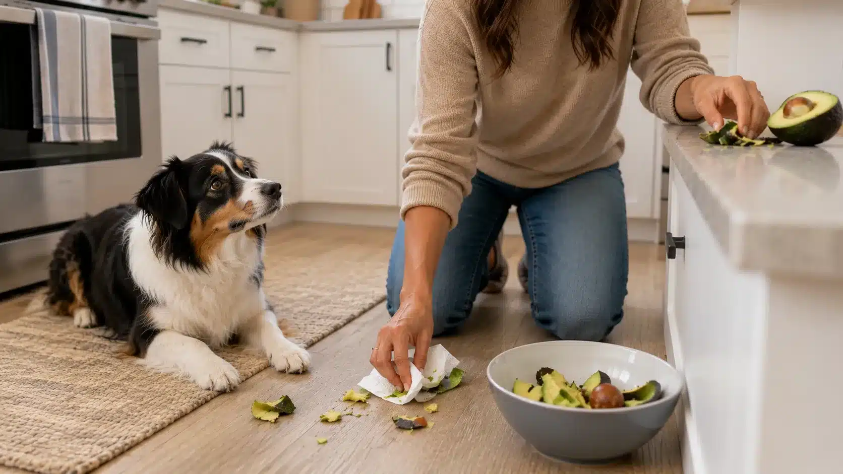 dog owner cleaning avocado scraps while monitoring pet after accidental avocado ingestion in kitchen