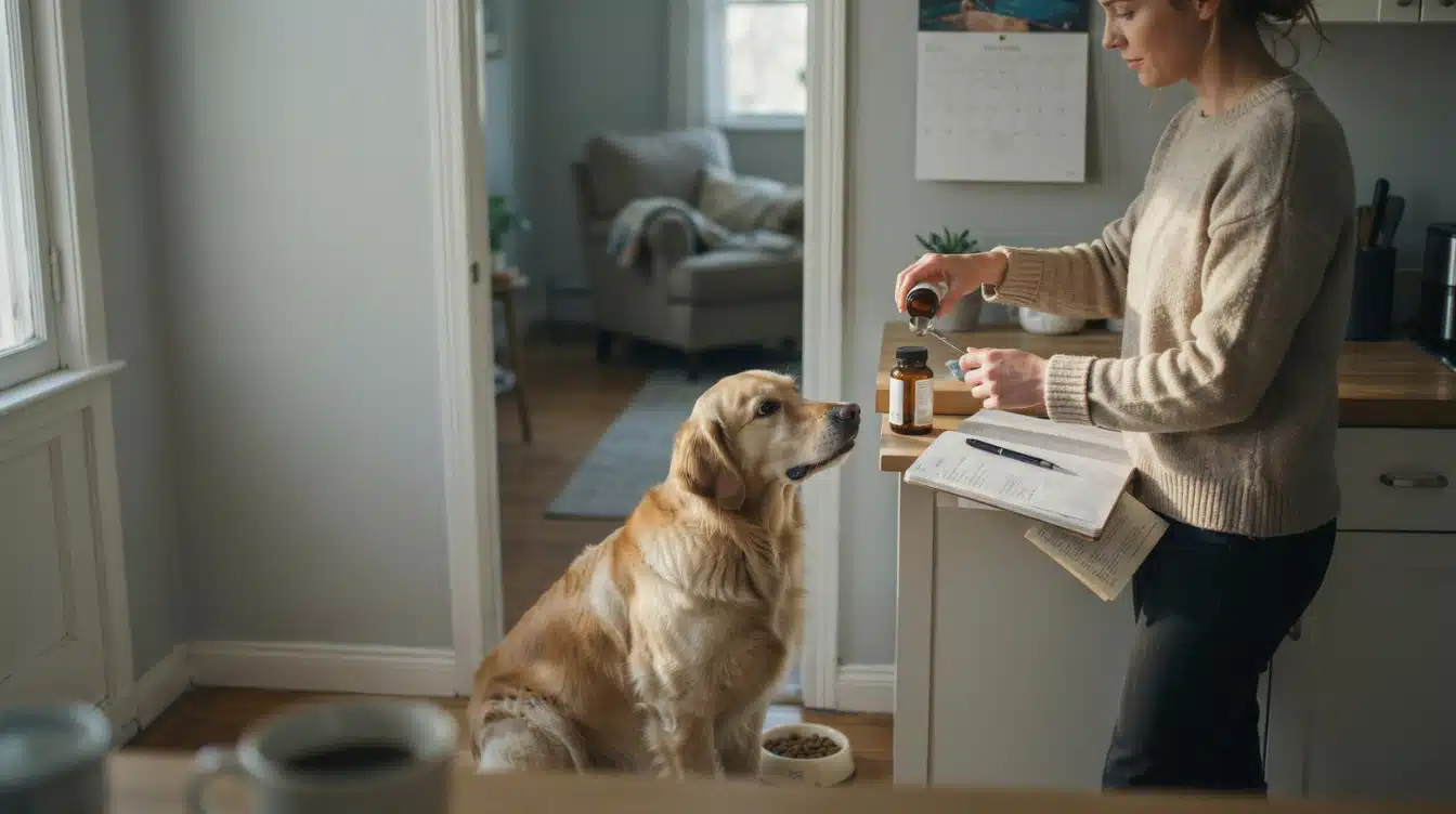 dog owner safely introducing new supplement routine with careful dose tracking at home