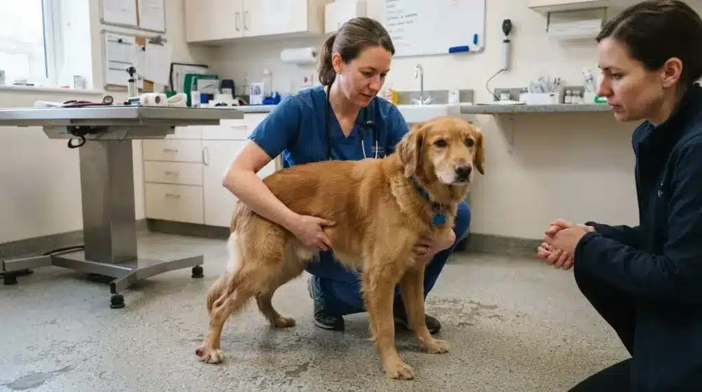 dog receiving neurological examination for balance problems caused by canine ataxia symptoms