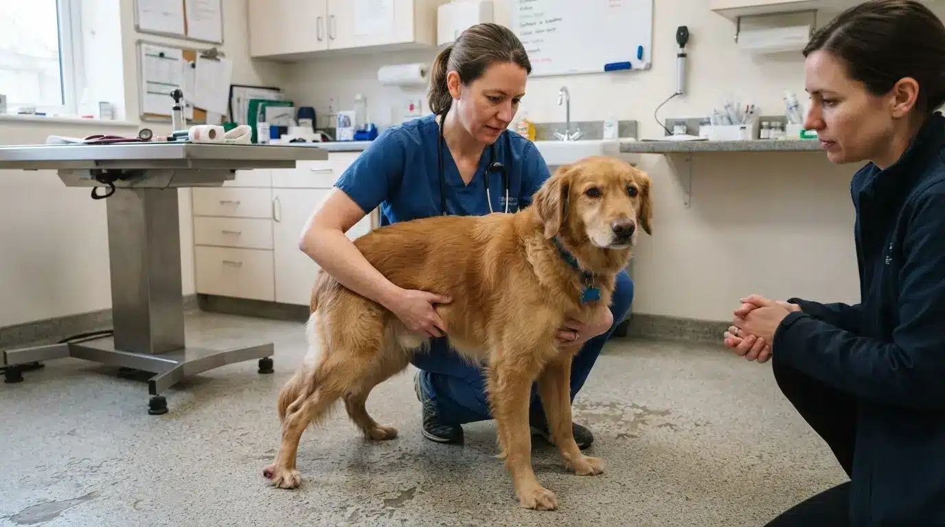 dog receiving neurological examination for balance problems caused by canine ataxia symptoms