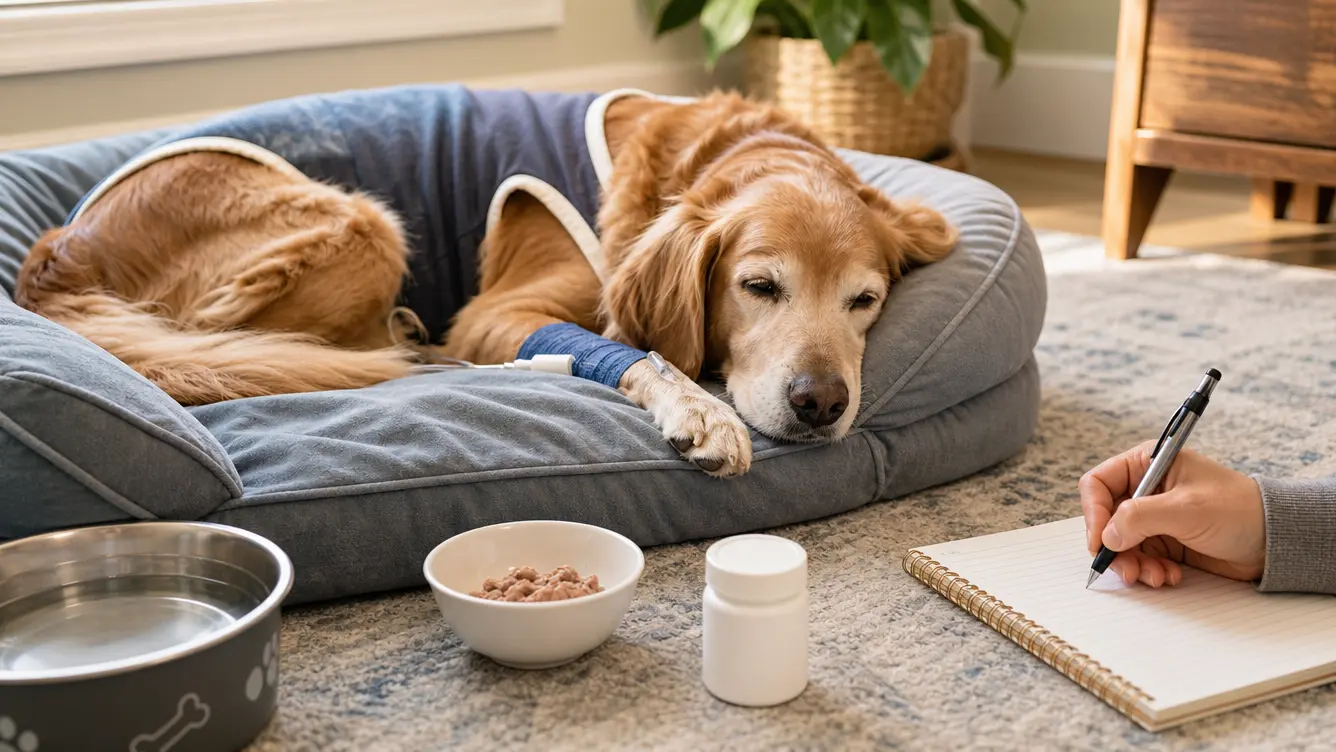 dog resting at home beside water and medication during canine lymphoma chemotherapy care