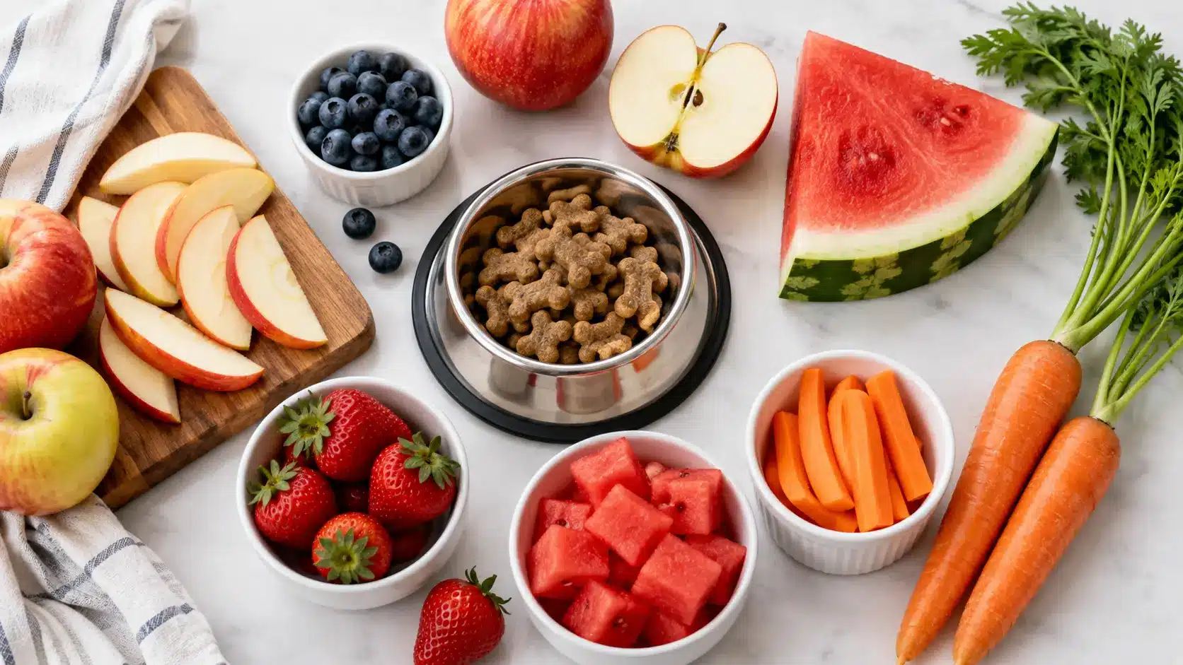 dog safe fruits and carrots arranged beside pet bowl on kitchen surface