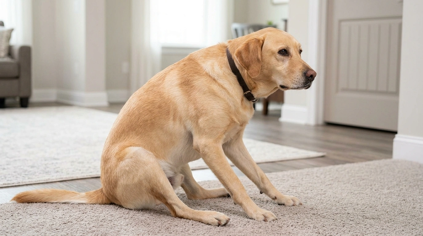 dog scooting its rear end across a clean living room floor