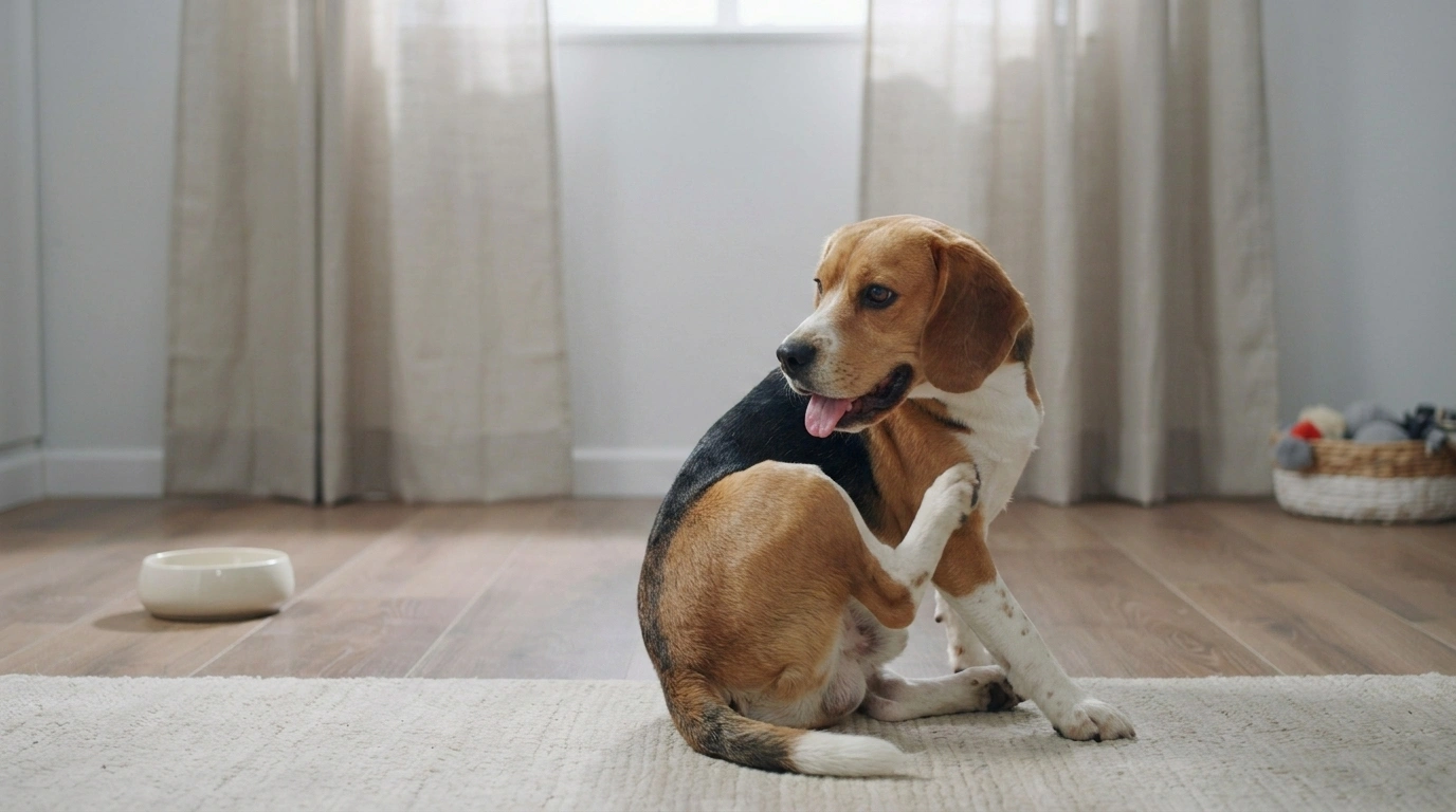 dog showing rear itching with small rice like tapeworm segments near the anus
