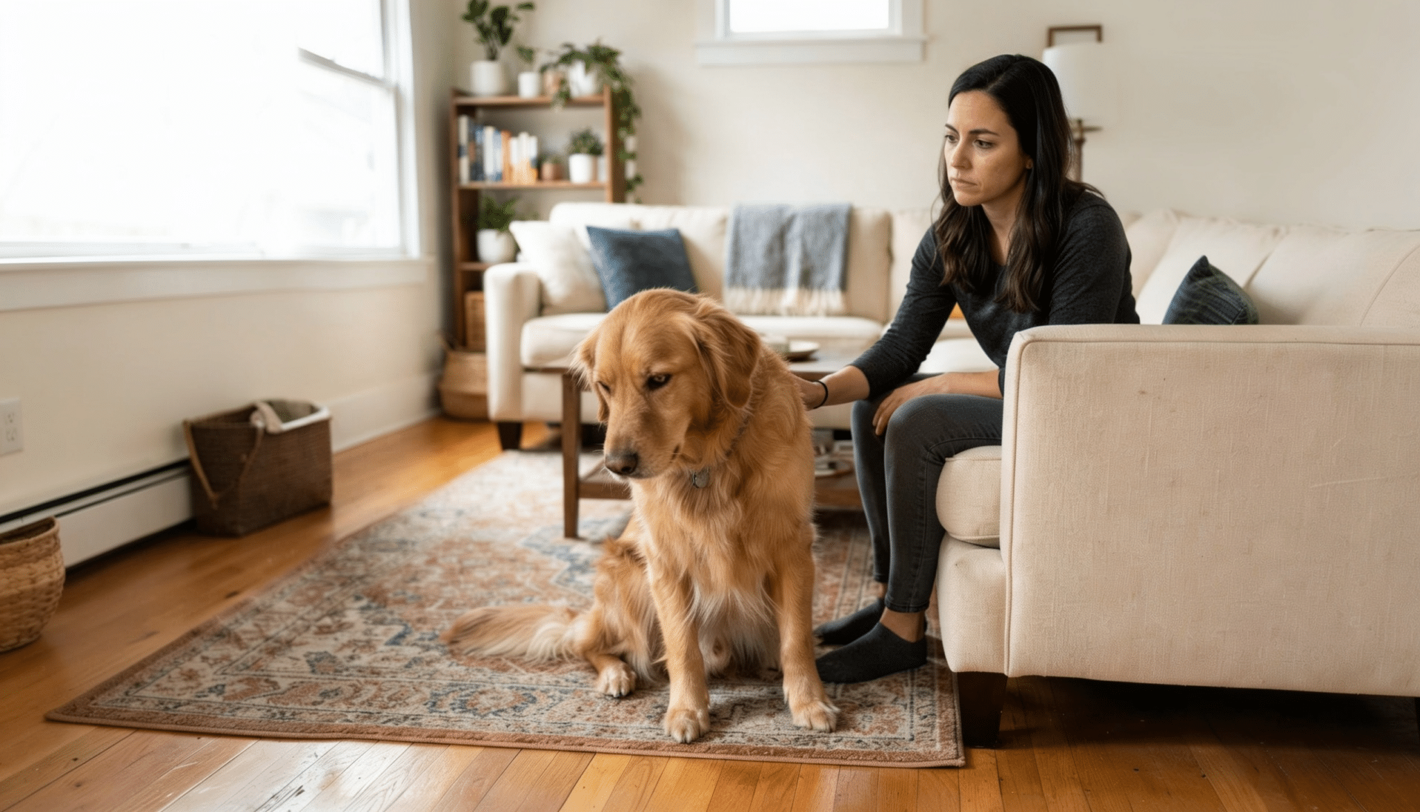 dog showing signs of discomfort while owner monitors possible health changes