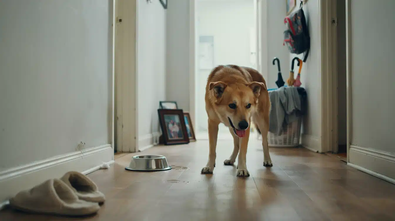 dog standing beside a water bowl at home showing mild signs of discomfort and panting