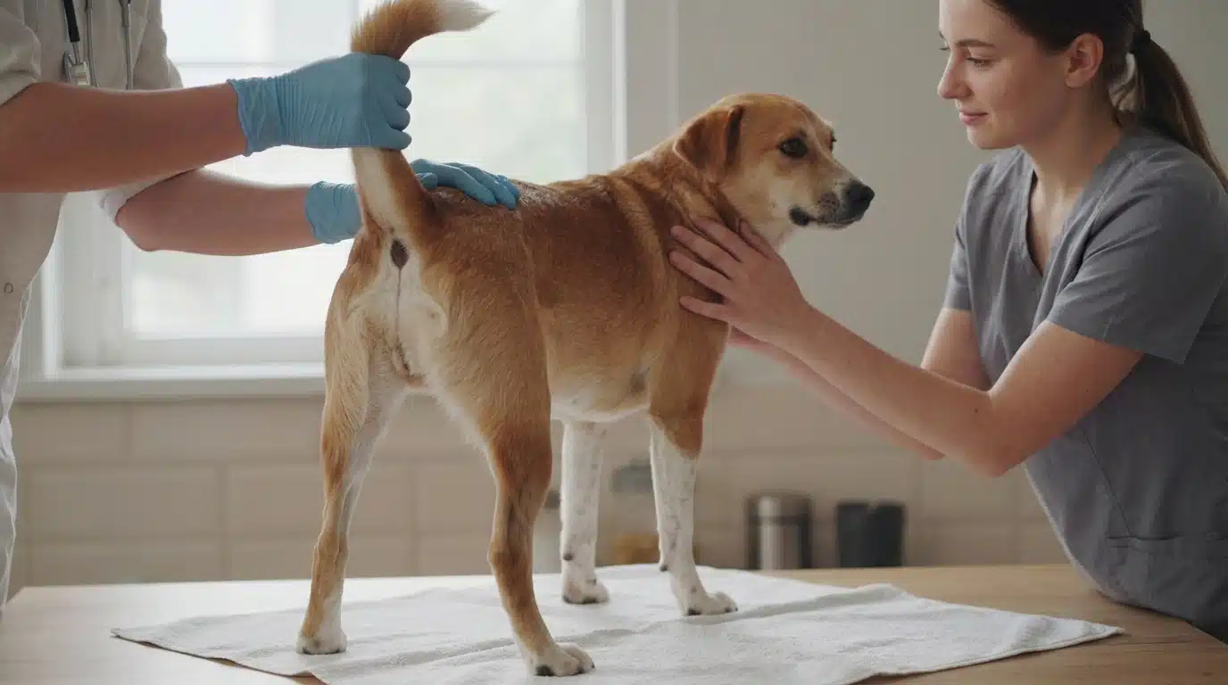dog standing calmly with its tail gently lifted before an anal gland check