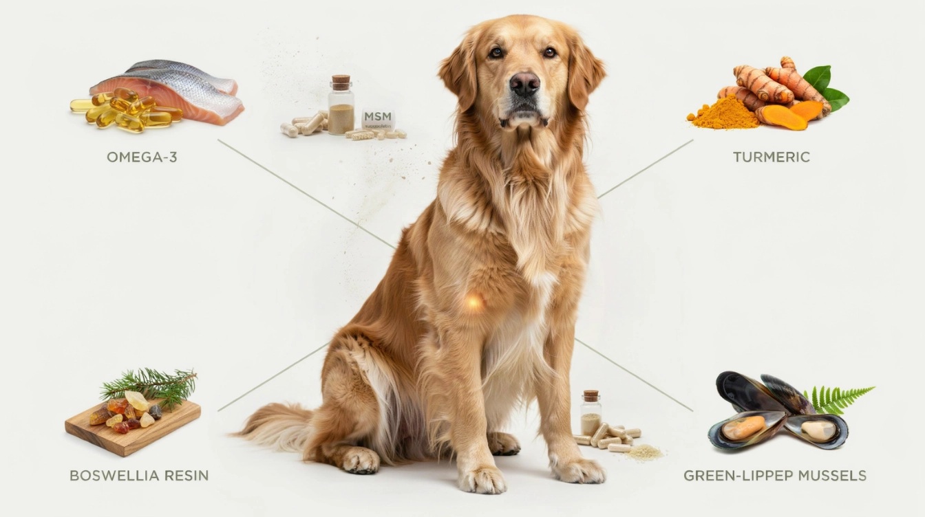 dog supplements for natural inflammation support with fish oil turmeric boswellia mussels and joint nutrients