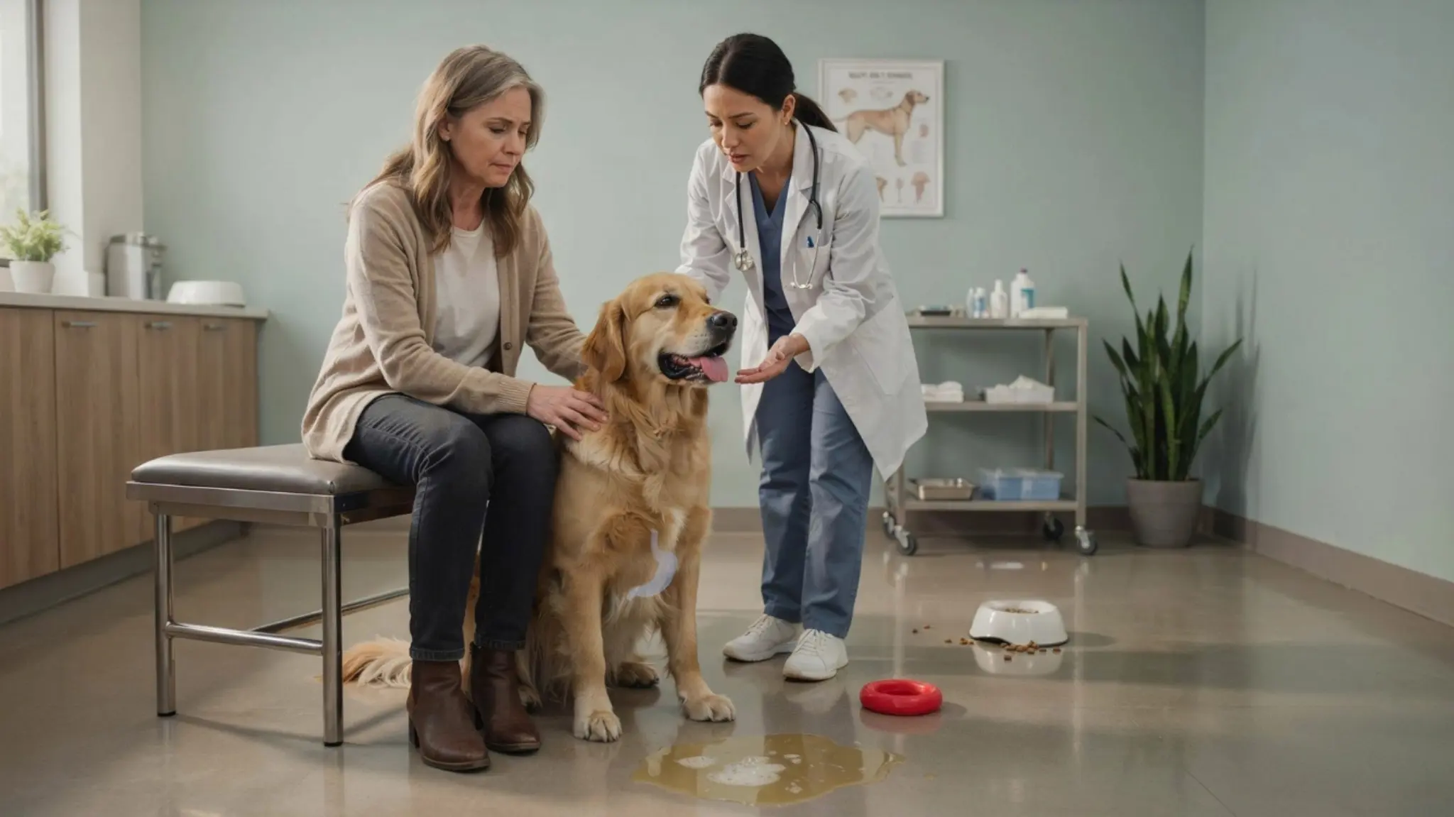 dog with yellow foam vomit beside worried owner and veterinarian in clinic