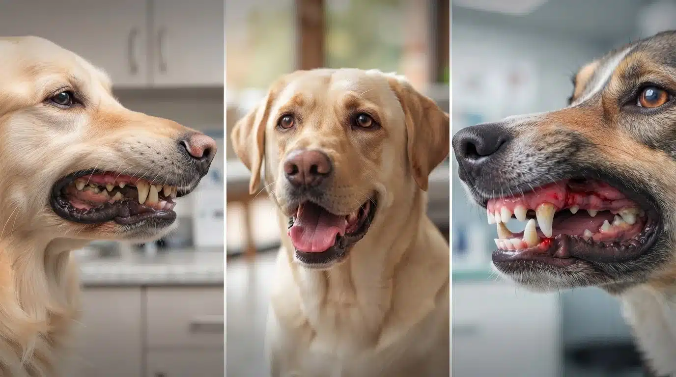 dogs showing dental health stages with clean teeth, tartar buildup, and gum problems