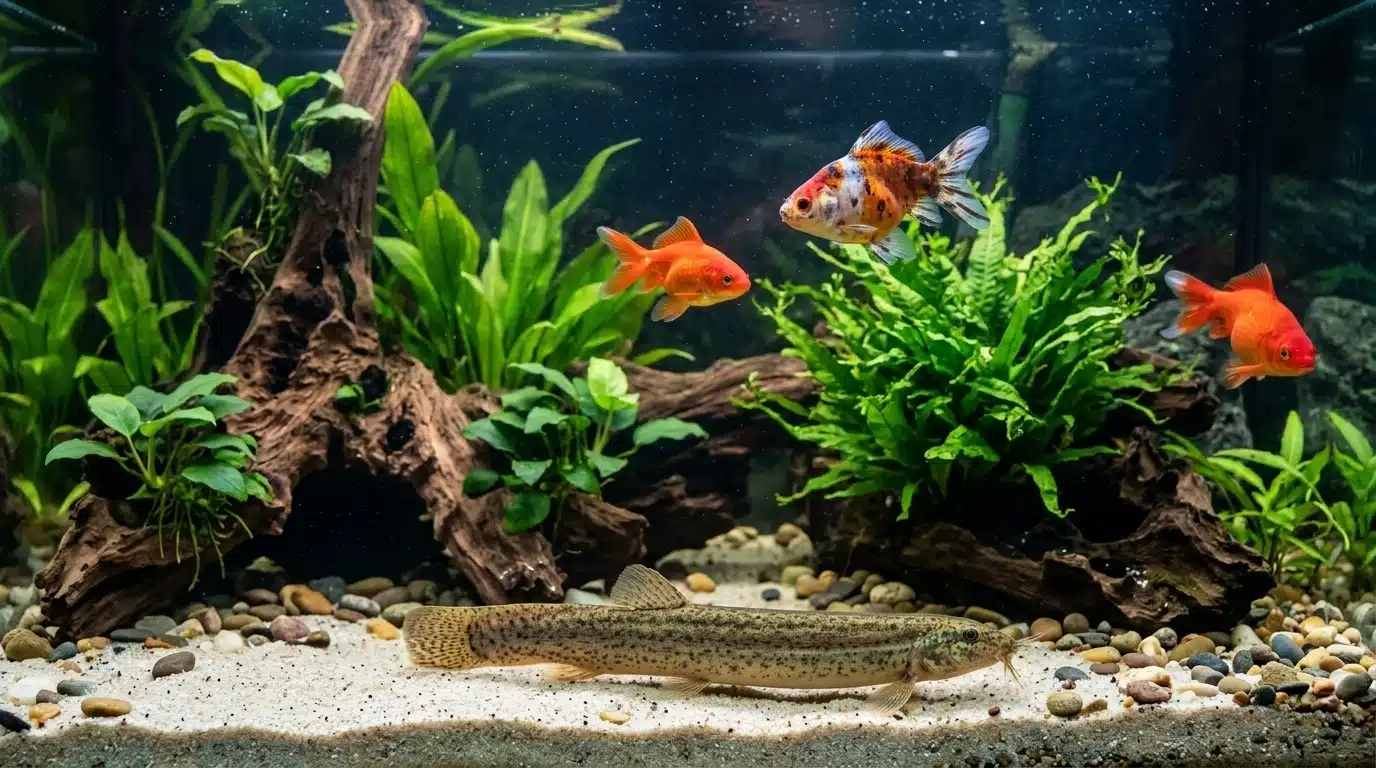 dojo weather loach swimming near goldfish in a spacious freshwater aquarium
