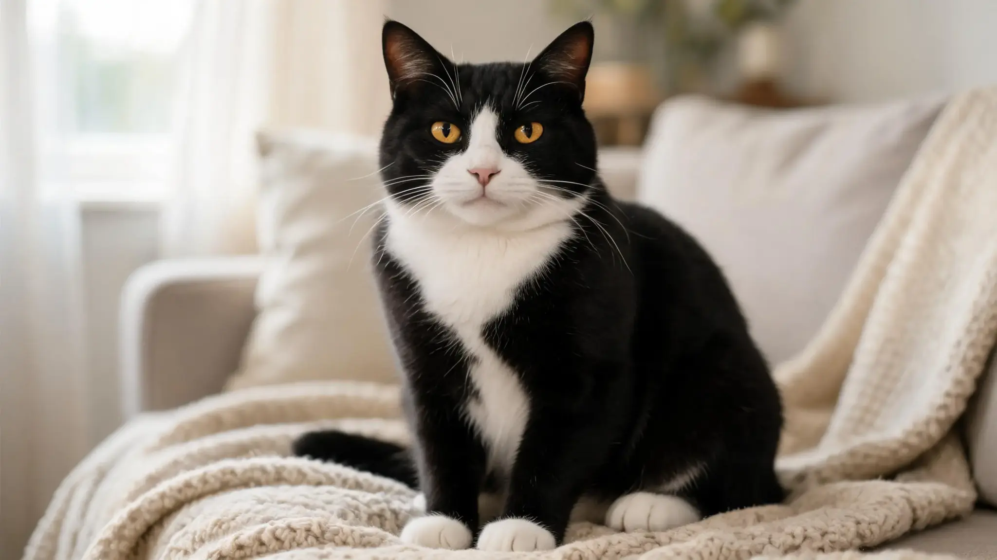 domestic shorthair tuxedo cat with black and white fur sitting indoors
