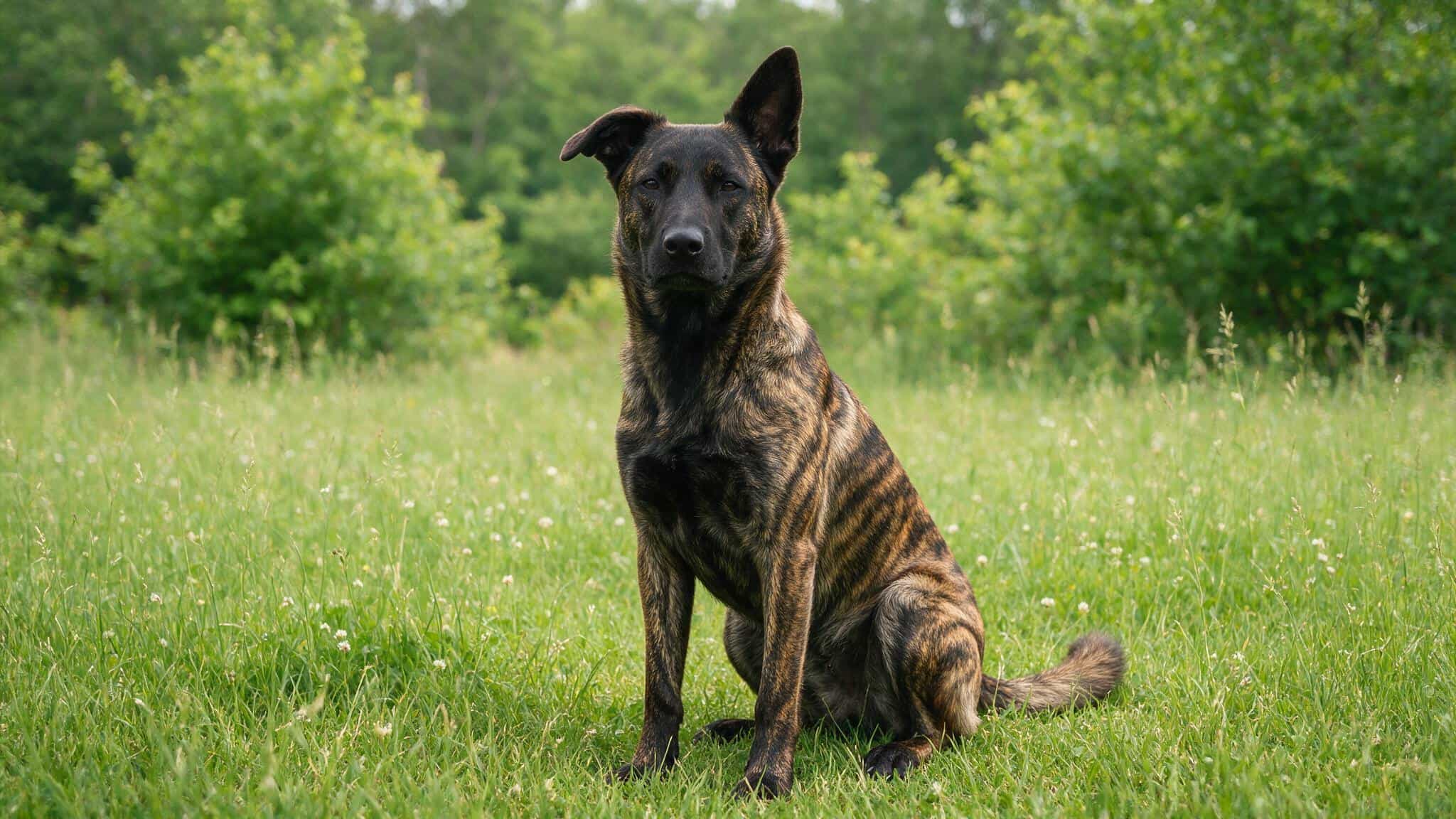 dutch shepard sitting in a stoic position on a grass field