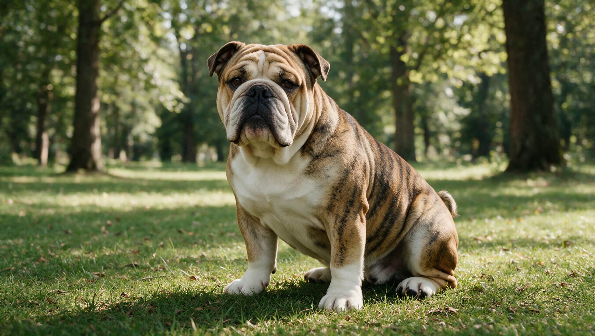 English Bulldog with wrinkled face and stocky build outdoors